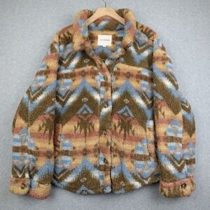 Lucky Brand Fleece Jacket Women's Large Deep Pile Native Aztec Western Button